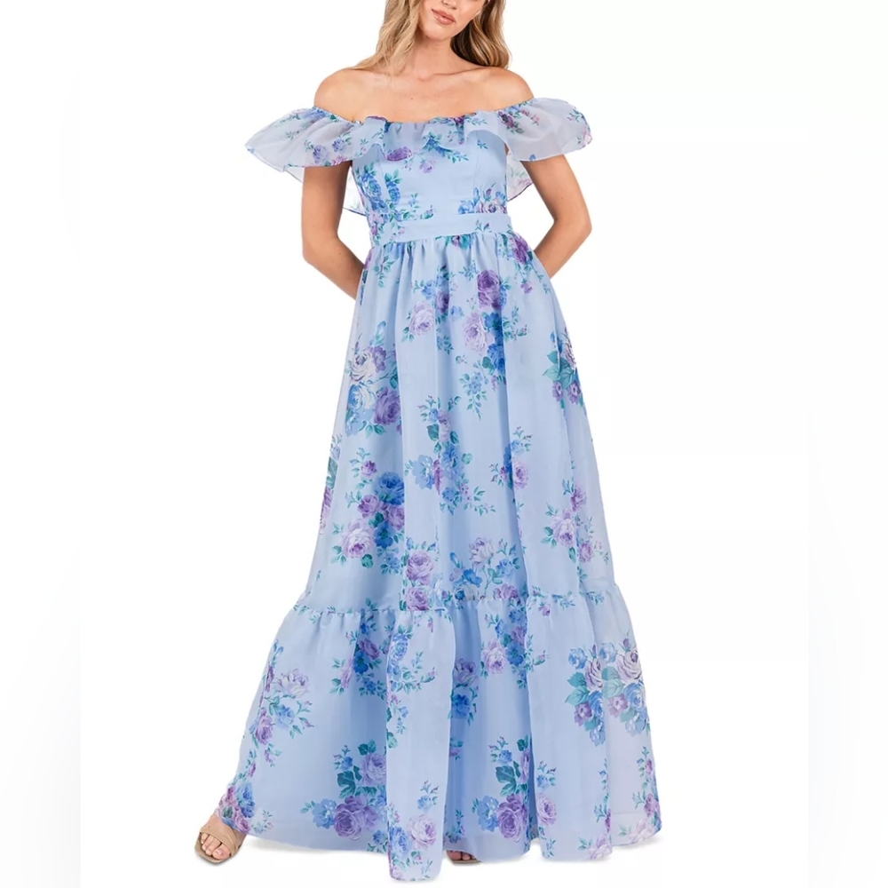 B Darlin Sky Blue Floral Maxi Dress